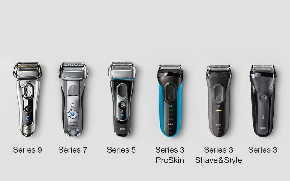 Rasoir Braun Series 9 argenté avec écran digital, entouré d'autres modèles Braun Series 7, 5, 3 ProSkin et 3 Shave&Style
