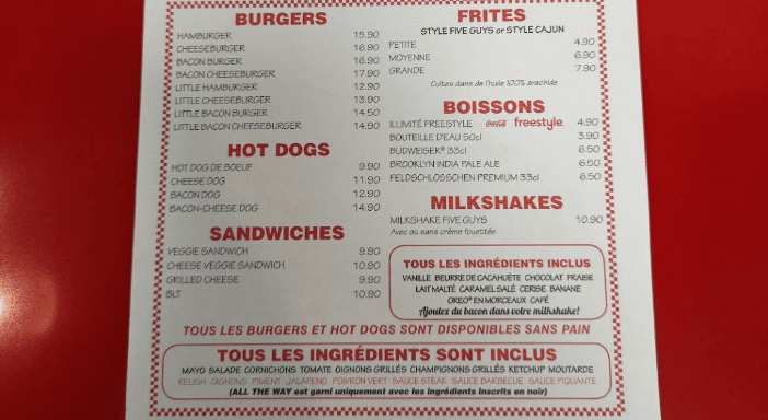Menu prix Five Guys Genève Menu prix Five Guys Genève