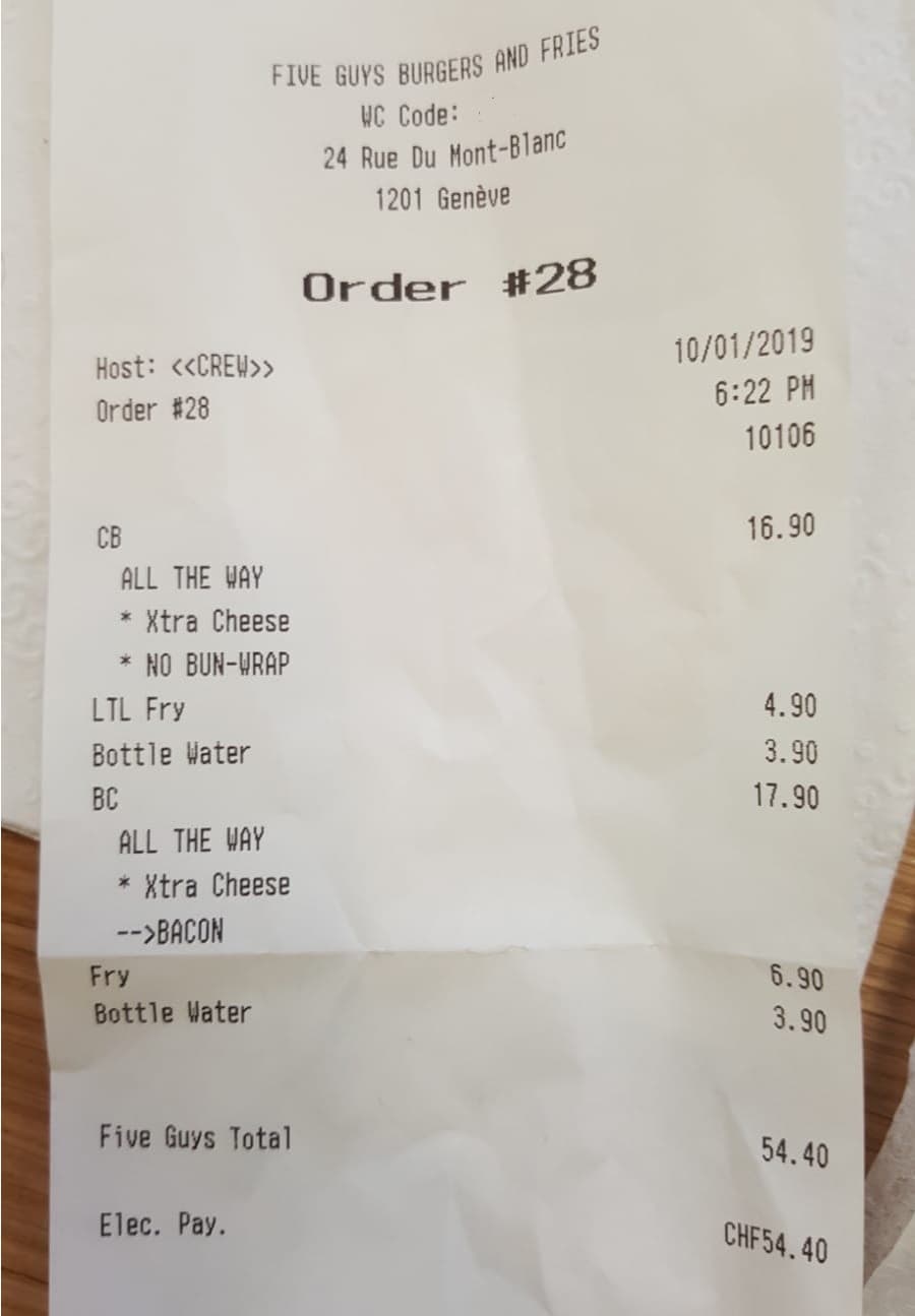 Ticket caisse prix Five Guys Genève Ticket caisse prix Five Guys Genève