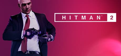 Agent 47 chauve en costume noir et cravate rouge, pistolets à la main, sur fond rose avec le logo Hitman 2