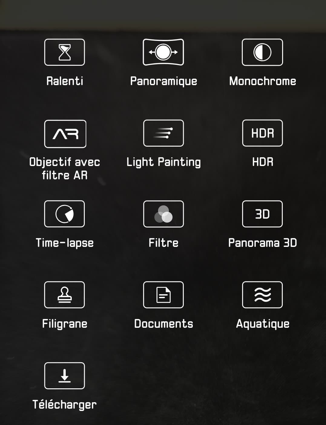 Les 13 modes photo du Huawei Mate 20 Pro : Ralenti, Panoramique, Monochrome, Objectif avec filtre AR, Light Painting, HDR, Time-lapse, Filtre, Panorama 3D, Filigrane, Documents, Aquatique et Télécharger