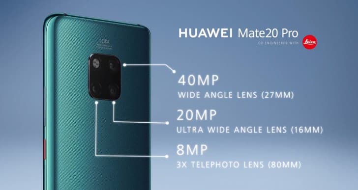Huawei Mate 20 Pro vert en gros plan montrant ses trois objectifs Leica : 40MP grand angle, 20MP ultra grand angle, 8MP téléobjectif