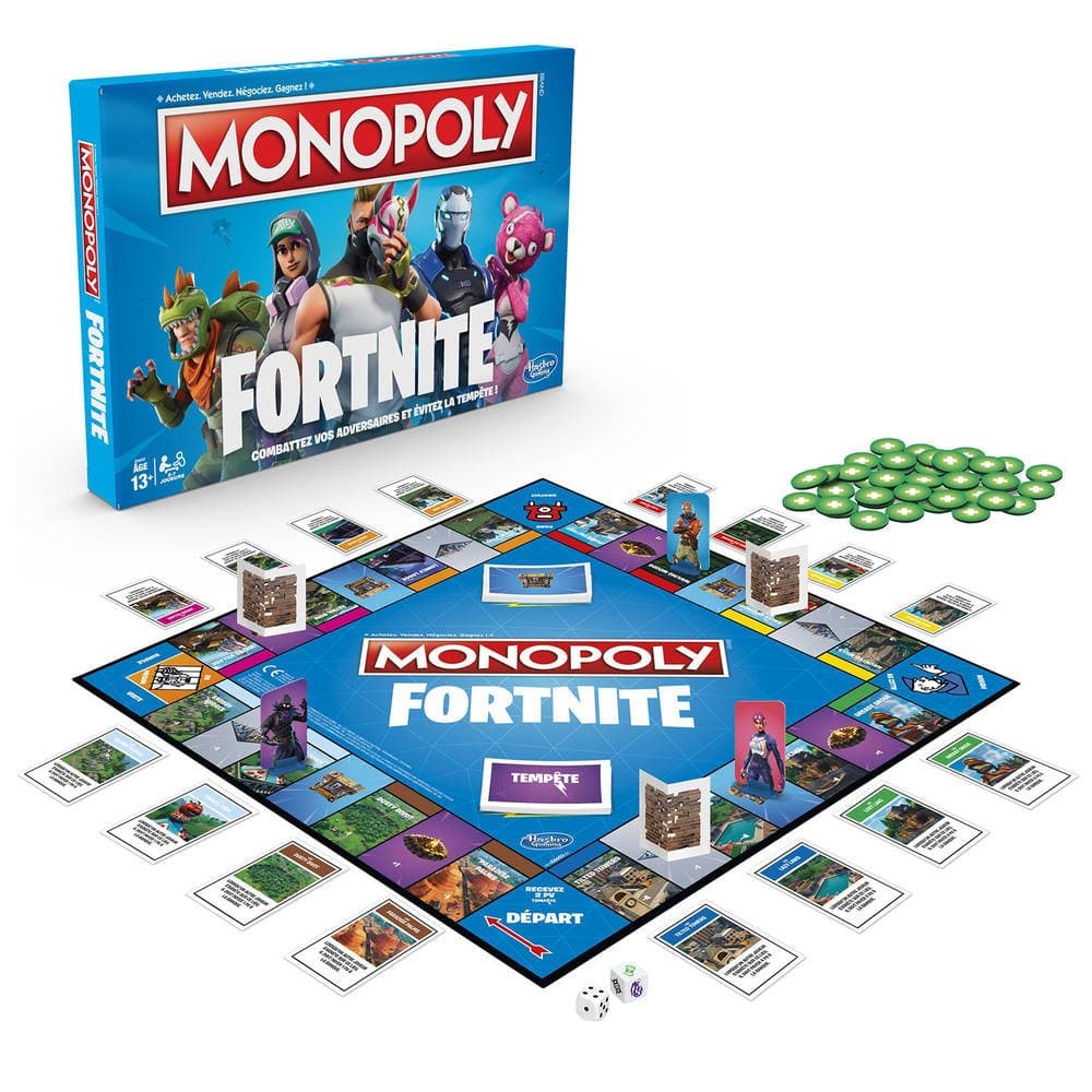 Boîte et plateau du Monopoly Fortnite avec pions de personnages, dé d'action, jetons verts et cartes de propriétés illustrées