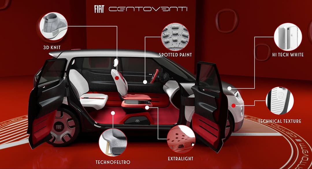 Fiat Centoventi avec portes ouvertes, montrant l'intérieur modulable et les matériaux innovants : tricot 3D, peinture pointilliste, technofeutro et texture technique