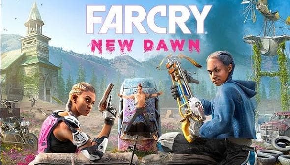 Jaquette de Far Cry New Dawn montrant deux femmes armées dans un paysage post-apocalyptique avec église et nature envahissante