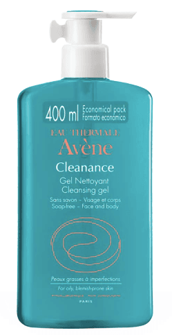 Flacon de gel nettoyant Avène Cleanance bleu turquoise, 400 ml, avec pompe doseuse