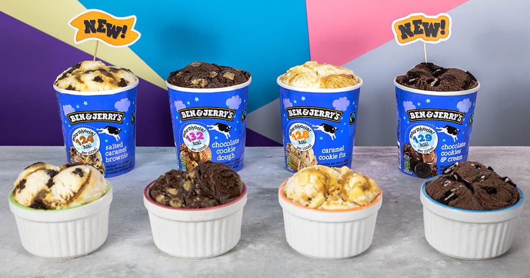 Quatre pots de glace Ben & Jerry's Moo-phoria « lighten up » avec leurs saveurs : salted caramel brownie, chocolate cookie brownie, caramel cookie fix et chocolate cookie & cream