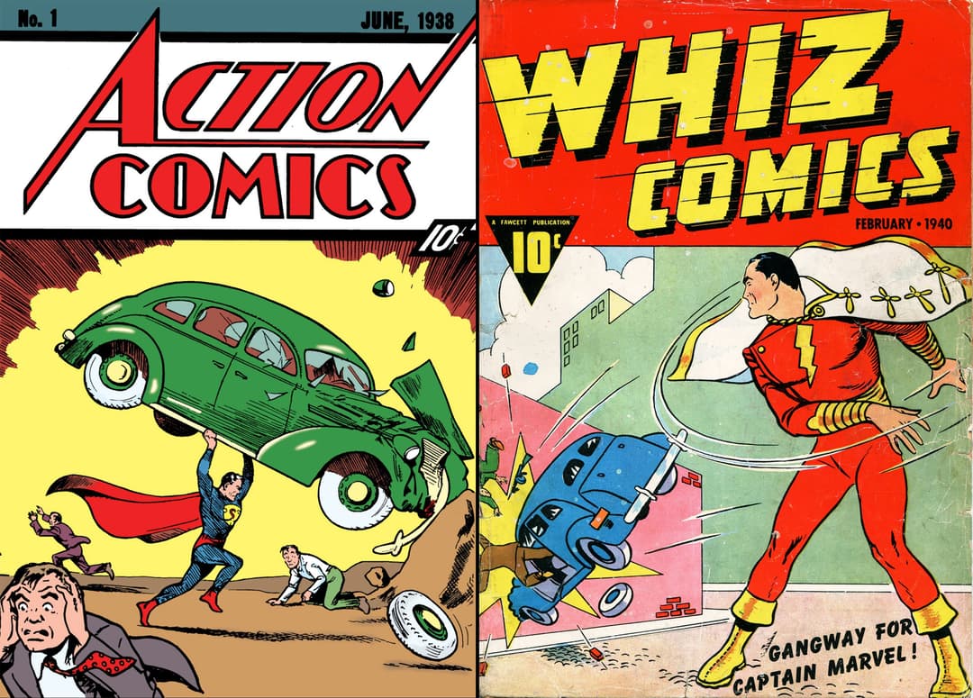 Couvertures des comics Action Comics n°1 de juin 1938 et Whiz Comics de février 1940, montrant Superman et le personnage de Shazam en costume rouge et jaune