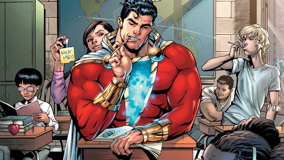 Captain Marvel en costume rouge et bleu entouré d'enfants dans une salle de classe, avec une carte murale en arrière-plan