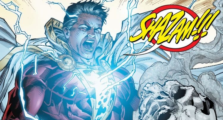 Shazam libère une puissante énergie électrique bleue depuis sa poitrine, vêtu de son costume bleu et rouge avec capuche, bouche ouverte en cri de force