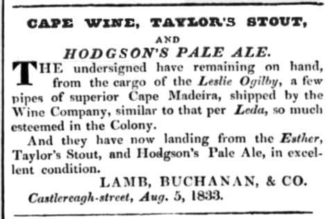 Annonce historique de 1833 pour Cape Wine, Taylor's Stout et Hodgson's Pale Ale, imprimée en caractères anciens