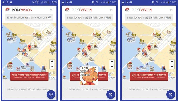 Capture d'écran de Pokévision montrant une carte avec des Pokémon localisés à proximité et leur durée de disponibilité en minutes