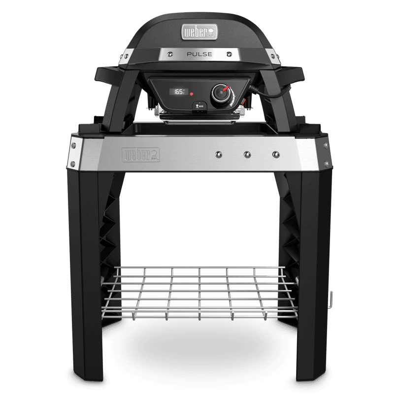 Gril électrique Weber Pulse 1000, noir et gris, avec écran de contrôle de température et boutons de commande sur pieds