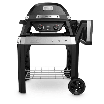 Gril Pulse 2000 de Weber, noir et gris, avec deux molettes de contrôle et zones de cuisson distinctes