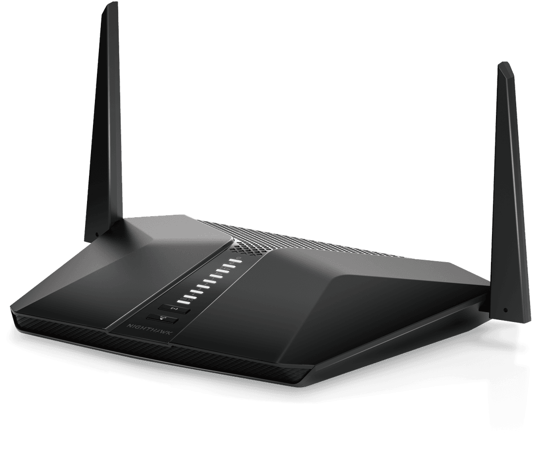 Routeur Netgear Nighthawk AX4 noir avec deux antennes externes et voyants lumineux sur le panneau avant