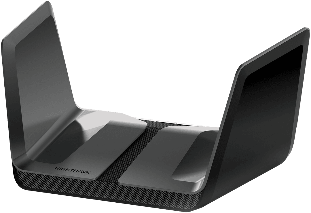 Routeur Netgear Nighthawk AX8 RAX80 Wi-Fi 6 noir avec deux antennes relevées, vue de trois quarts