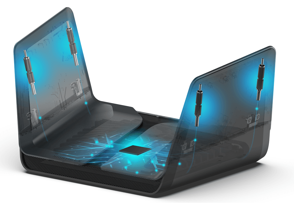 Routeur Wi-Fi 6 Netgear aux formes futuristes avec panneaux semi-transparents bleus et noirs, quatre antennes et éclairage cyan