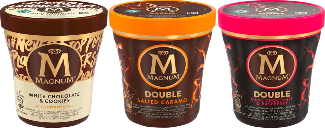 Trois pots de glace Magnum anniversaire : White Chocolate & Cookies, Double Salted Caramel et Double Dark Chocolate & Raspberry