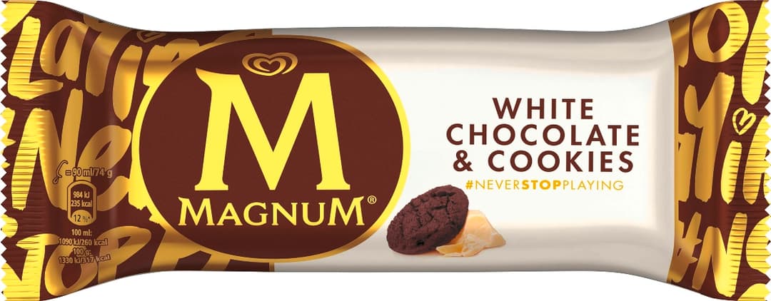 Bâtonnet Magnum White Chocolate & Cookies enrobé de chocolat blanc avec morceaux de biscuits