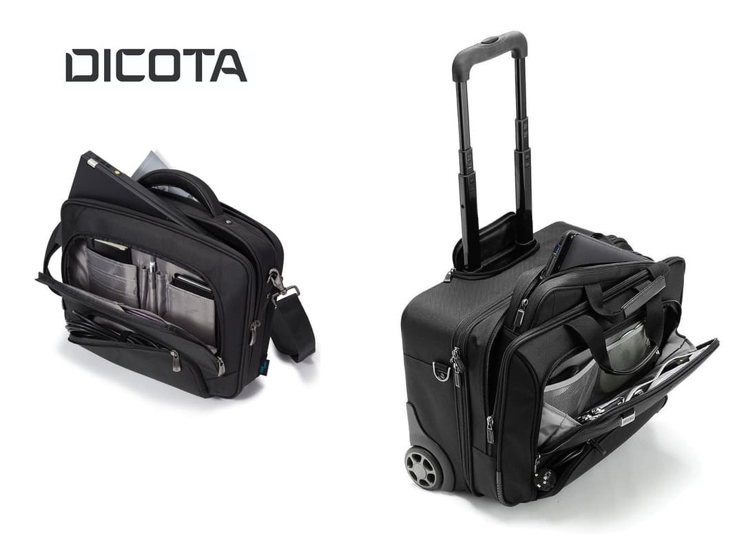 Sacoche noire Dicota avec bandoulière et compartiments, à côté d'une valise trolley noire Dicota avec poignée télescopique et roulettes