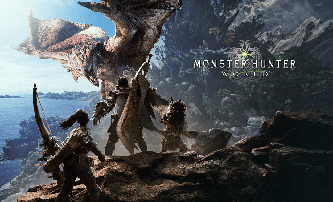 Monster Hunter World, chasseurs affrontant des monstres géants dans un paysage rocheux épique