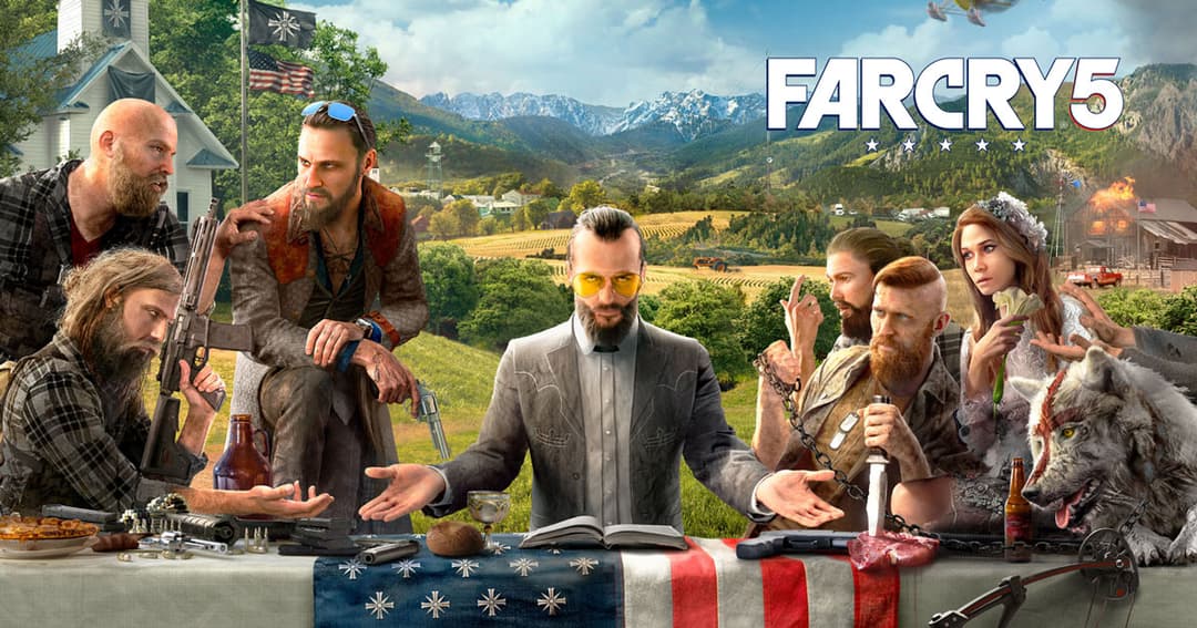 Far Cry 5, jeu de tir d'Ubisoft : un culte armé dirigé par un prêtre en gris dans une petite ville américaine
