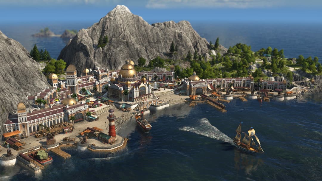 Capture d'écran du jeu Anno 1800 montrant une ville portuaire avec bâtiments dorés, phare et navires voiliers en baie
