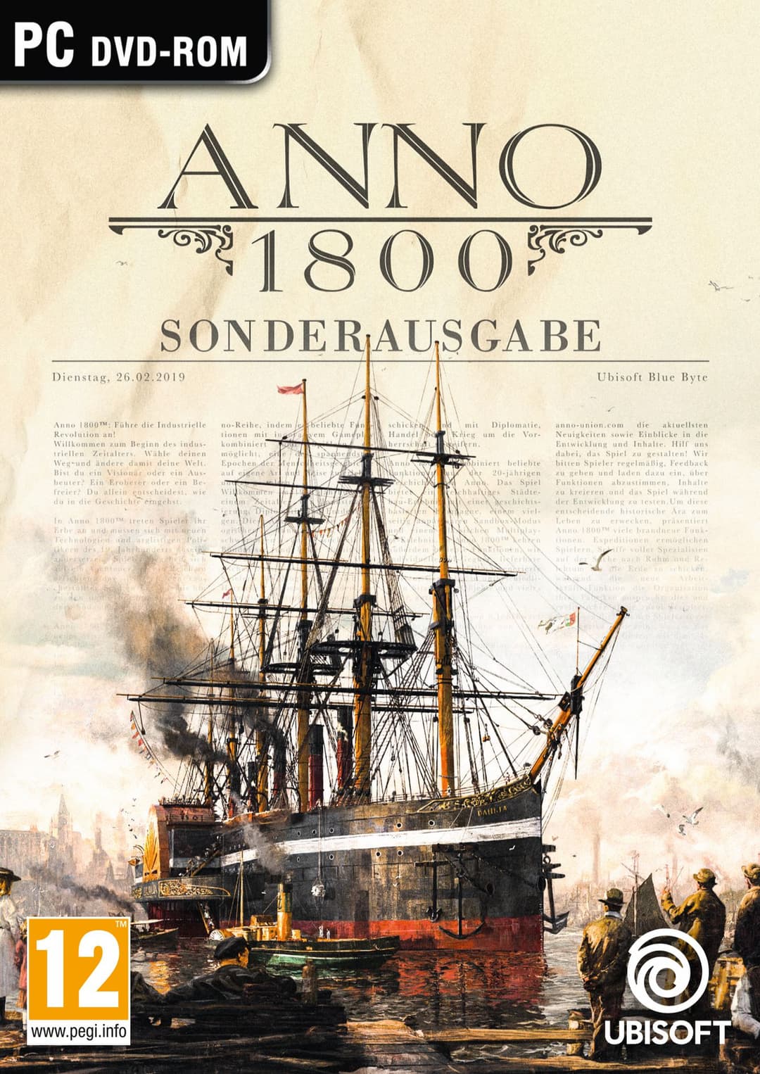 Boîte du jeu Anno 1800 Sonderedition pour PC, montrant un navire à vapeur dans un port du XIXe siècle