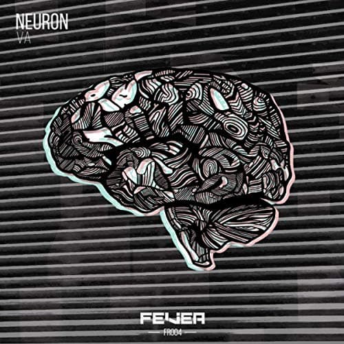Affiche du groupe Neuron VA avec un cerveau blanc et noir stylisé sur fond de lignes horizontales grises