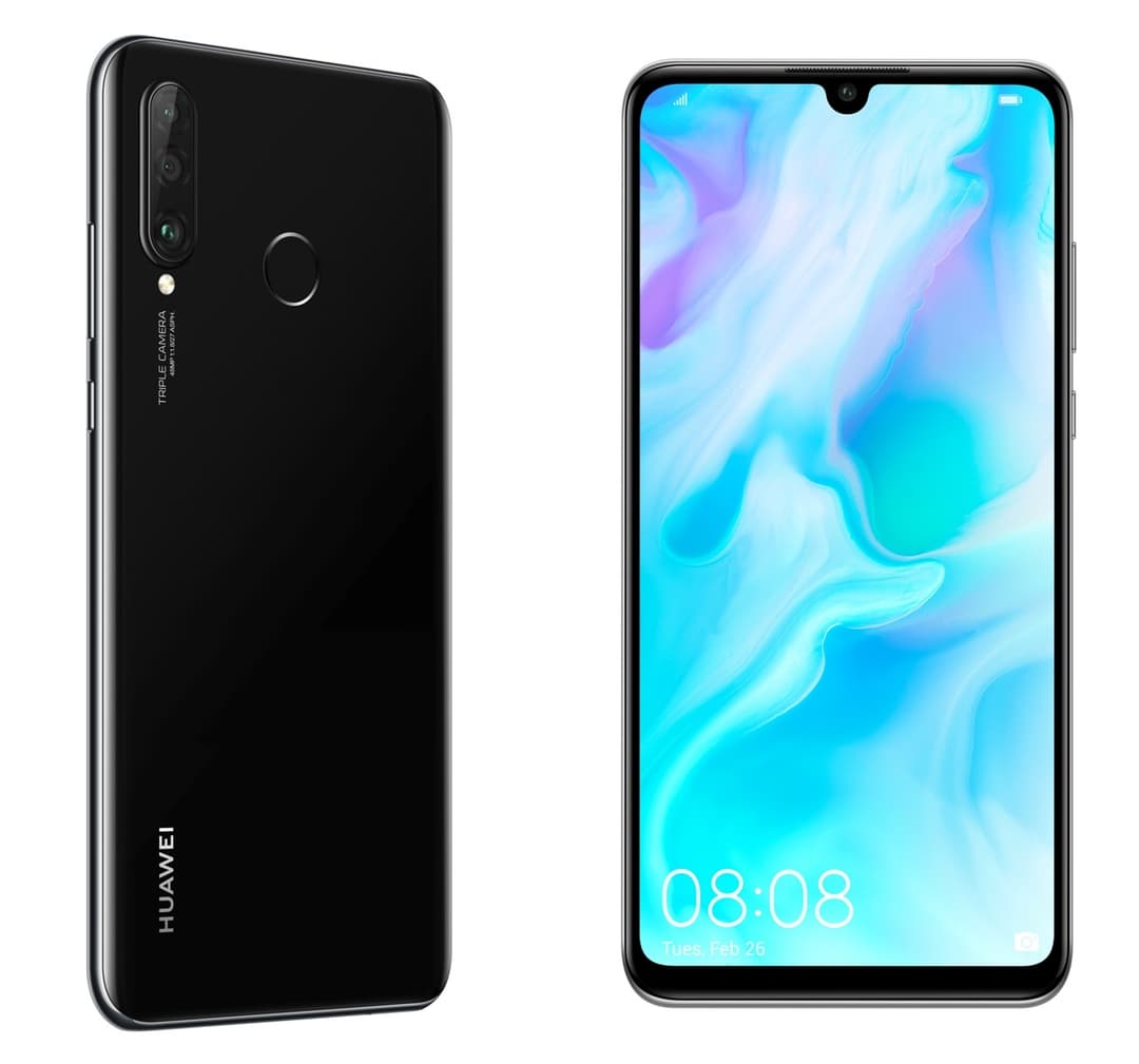Huawei P30 Lite noir présenté de profil et de face, avec triple caméra et écran bleu cyan
