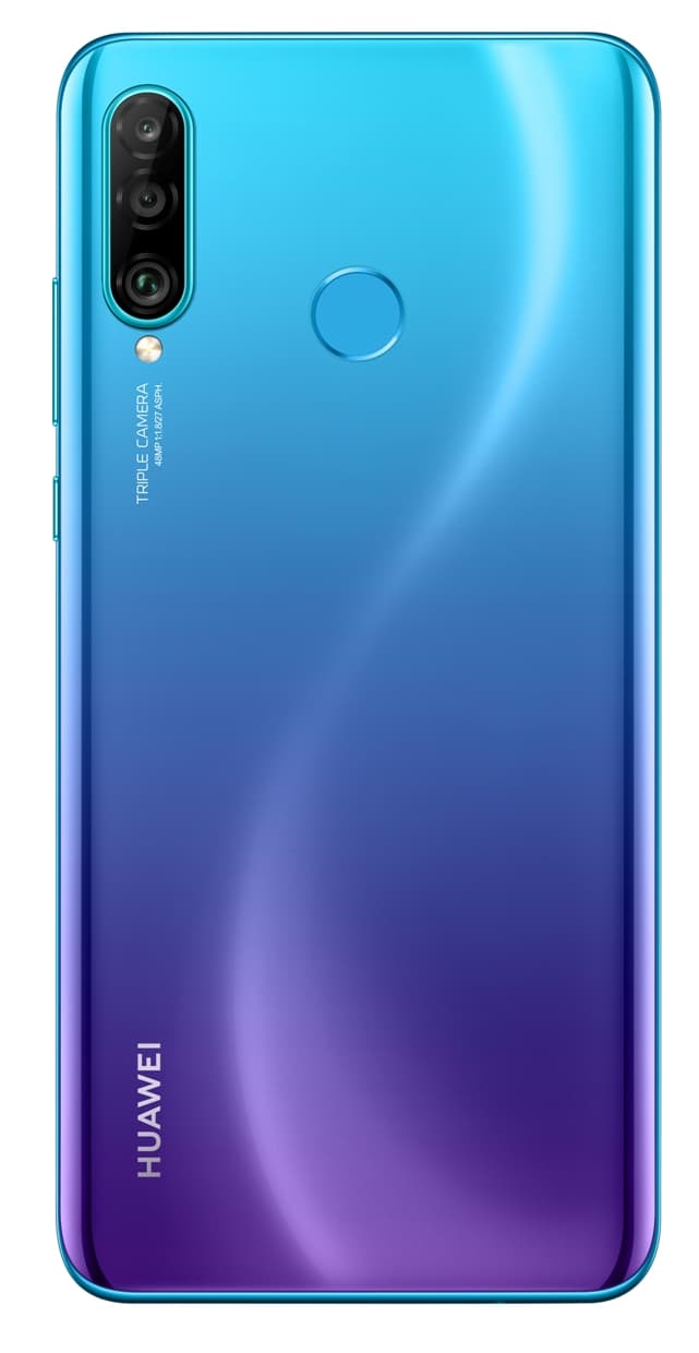 Huawei P30 Lite bleu dégradé vers le violet, vue de dos avec triple caméra et capteur d'empreinte digitale