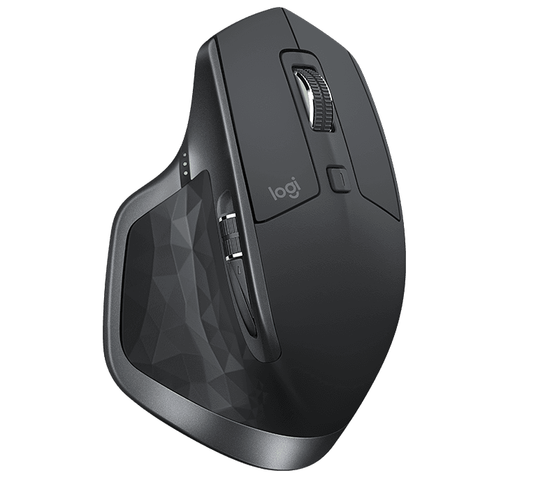 Souris Logitech MX Master 2S noire, vue de profil, avec logo logi et boutons latéraux visibles