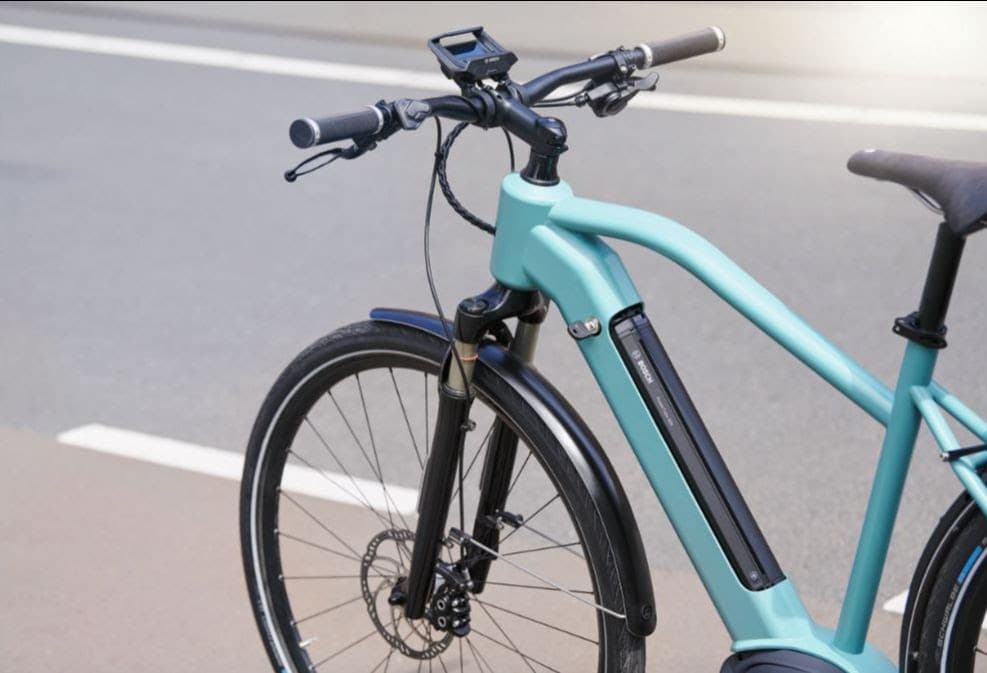 Vélo électrique de transport Bosch eBike Systems, cadre turquoise avec moteur intégré et batterie visible sur le tube diagonal