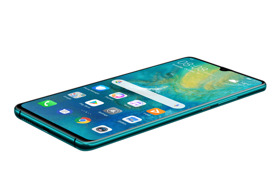 Smartphone Huawei couleur vert-bleu en vue perspective, écran allumé affichant l'interface Android avec applications et l'heure