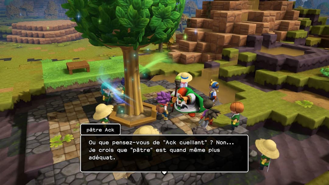 Village de Dragon Quest Builders 2 avec personnages échangeant un dialogue en français au pied d'un grand arbre