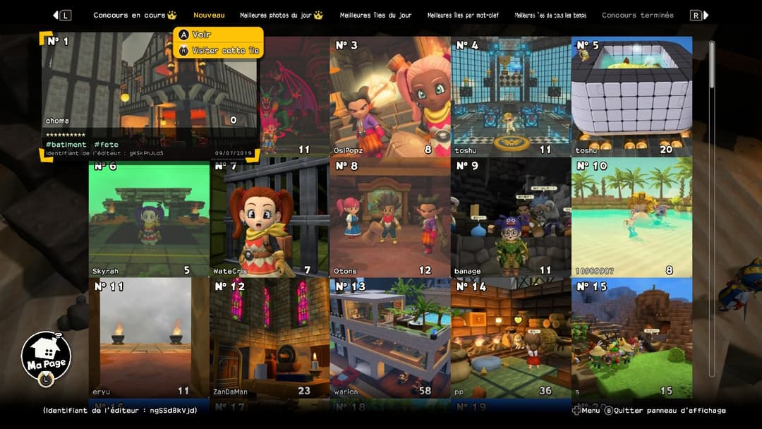 Galerie de 20 captures d'écran de Dragon Quest Builders 2 montrant différents mondes, constructions et personnages du jeu