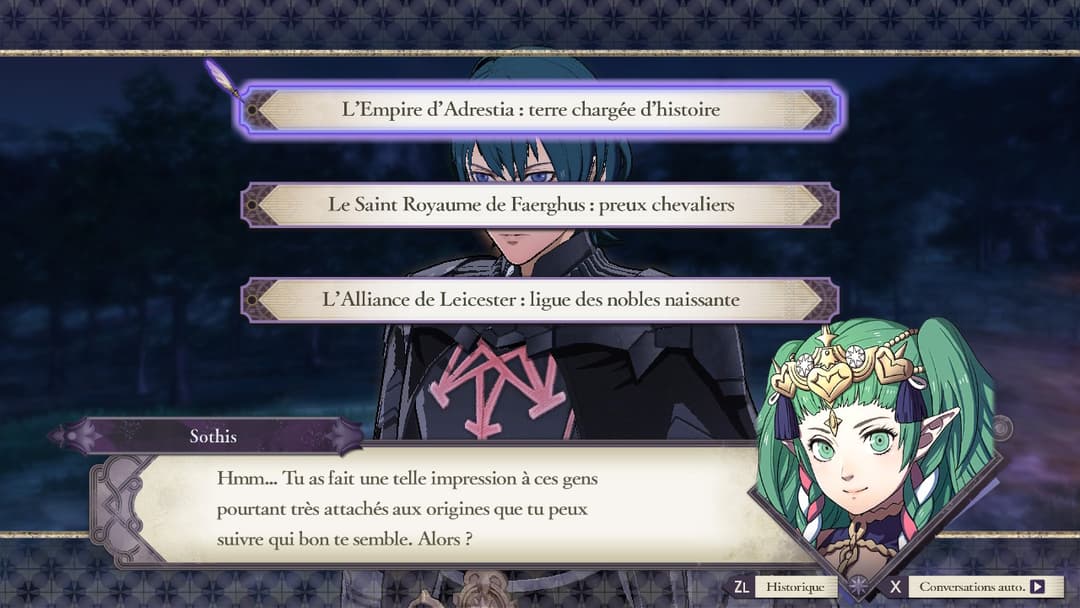 Capture d'écran de Fire Emblem: Three Houses montrant le choix des trois maisons avec personnages et dialogues en français