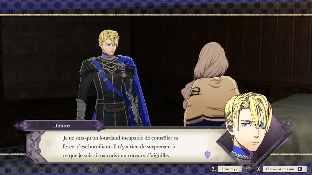 Capture d'écran de Fire Emblem: Three Houses montrant une conversation entre trois personnages aux cheveux blonds vêtus d'uniformes bleu et noir