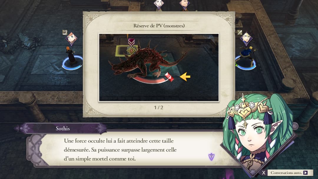 Capture d'écran de Fire Emblem Three Houses montrant un combat contre un monstre rouge avec interface de jeu et dialogue en français