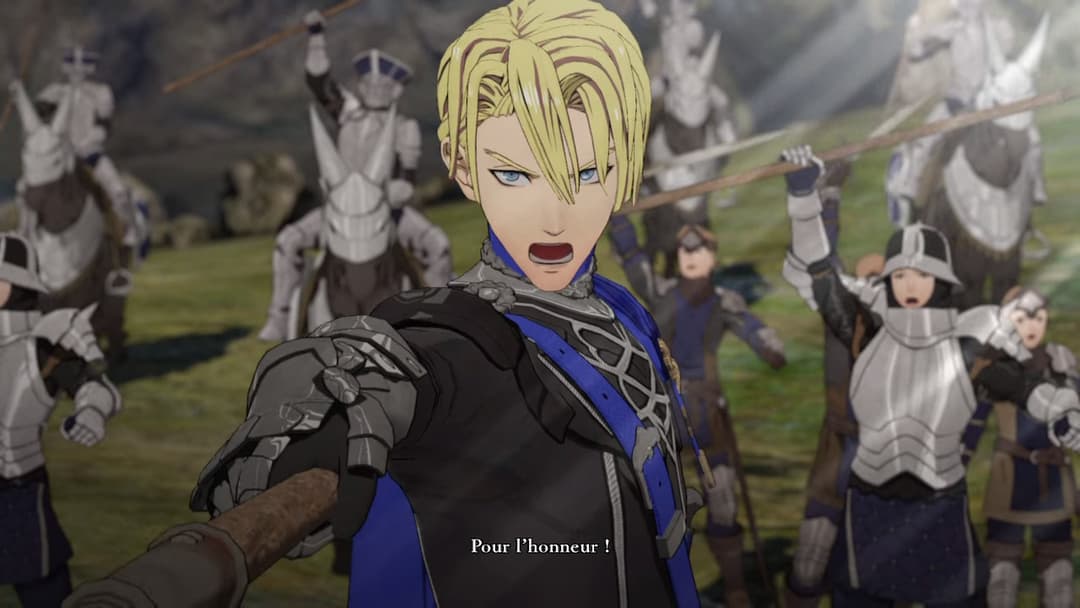 Dimitri, personnage aux cheveux blonds de Fire Emblem Three Houses, en armure noire et bleu, entouré de soldats sur un champ de bataille