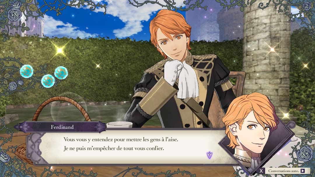Scène de thé dans Fire Emblem: Three Houses avec le personnage Ferdinand, cheveux roux, en uniforme noir et beige, conversant dans un jardin du monastère