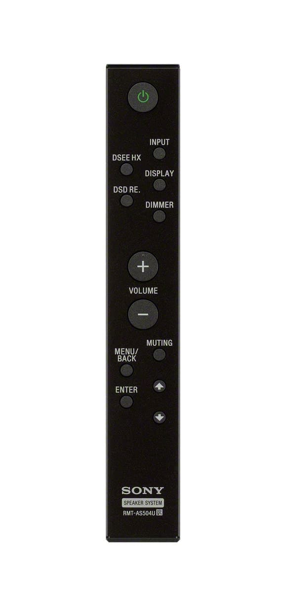 Télécommande noire Sony SA-Z1 avec boutons de contrôle du volume, des entrées audio et de l'affichage