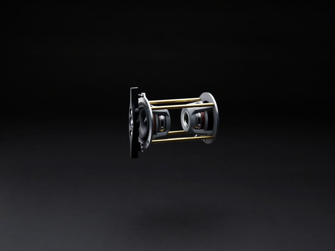 Haut-parleur cylindrique Sony Signature SA-Z1 avec caisson de grave et tweeters disposés avec précision, sur fond noir