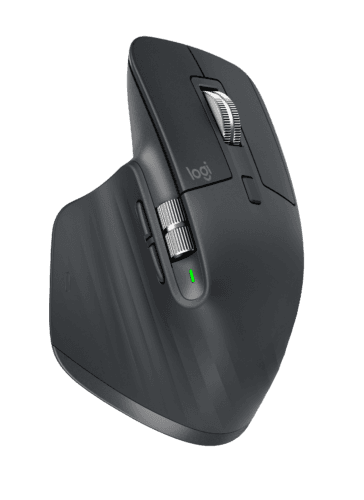 Souris Logitech MX Master 3 grise foncé, vue de trois quarts avec molette et boutons visibles