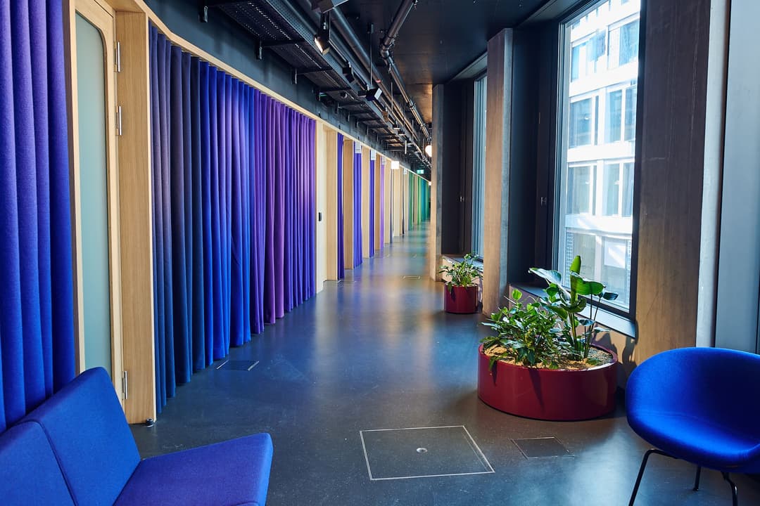 Couloir moderne aux murs bleus et rideaux violets, avec sièges bleus et plantes en pots rouges