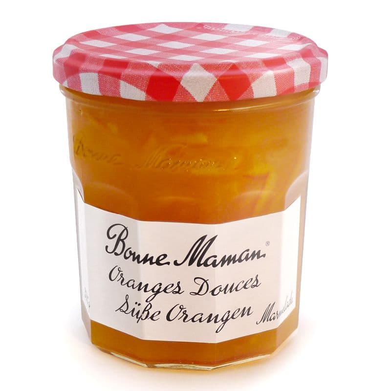 Pot de confiture Bonne Maman aux oranges douces avec couvercle à carreaux rouge et blanc
