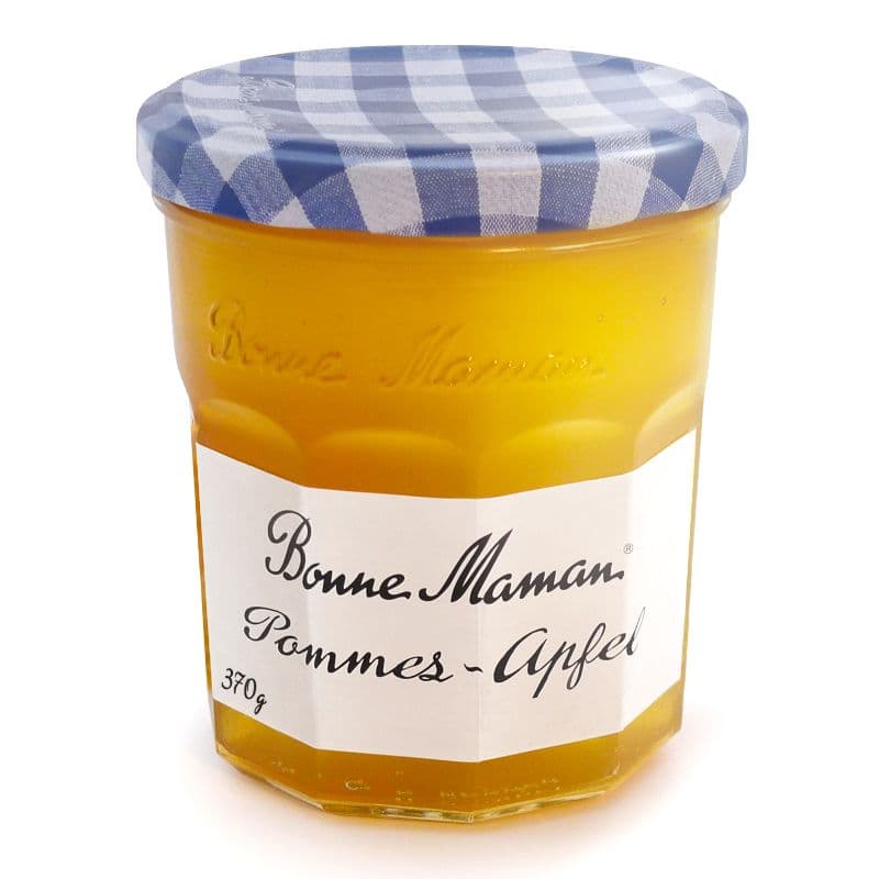 Pot de gelée Bonne Maman Pommes-Apfel 370g avec couvercle à carreaux bleu et blanc