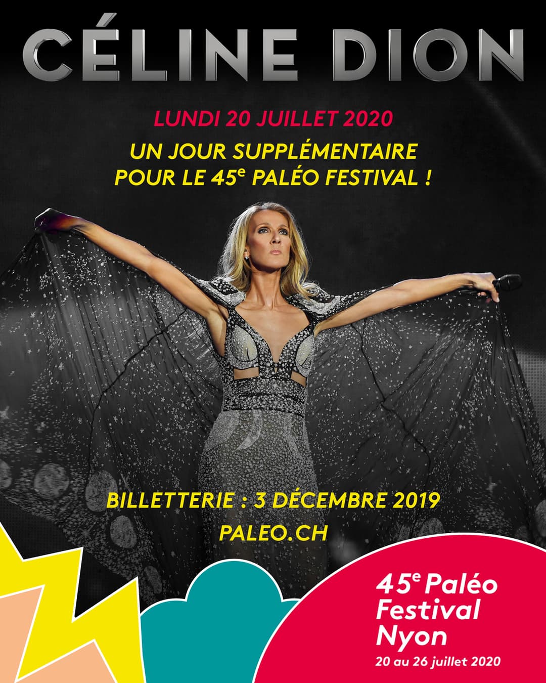 Affiche de Céline Dion pour le 45e Paléo Festival, la chanteuse en robe noire scintillante, bras écartés, sur fond noir