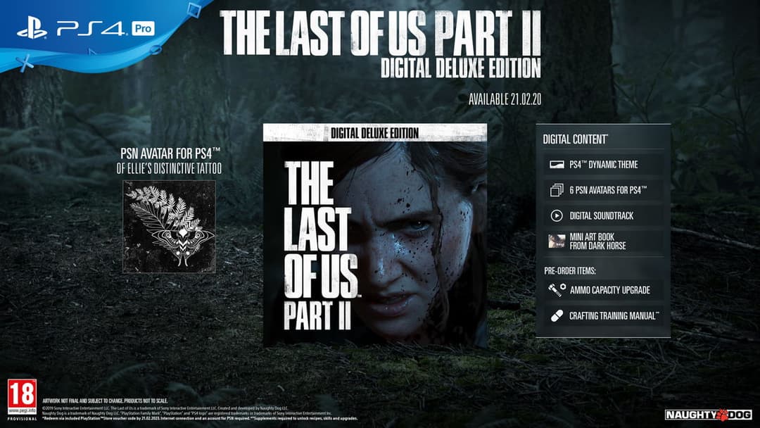 Affiche promotionnelle The Last of Us Part II Digital Deluxe Edition pour PS4 Pro, avec liste des contenus numériques inclus et avatar PSN