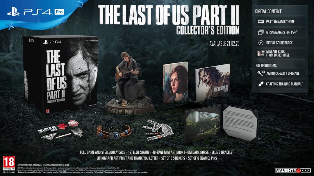 Présentation de la Collector's Edition de The Last of Us Part II pour PS4, affichant le boîtier, figurine Ellie, bracelet, estampe et accessoires de la version collector